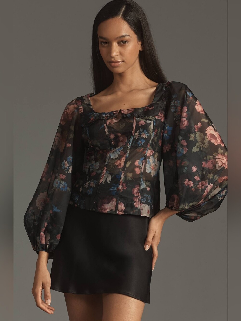 Anthropologie Sheer Floral Square-Neck Puff Sleeve Top - Black/Pink/Blue